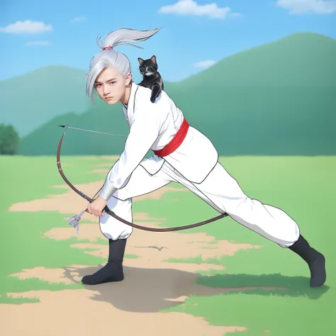 A boy 17 years old with silver hair, wear white wuxia outfit, white pants, wuxia black shoes, chrome hand shield, hold bow in the left hand and arrow in the right hand, theres a little grey cat in his shoulder