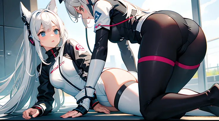 twogirls，The girl in the black tights is pressed to the ground by a white-haired girl in a white racing suit，The headphones fell to the side,Embarrassed