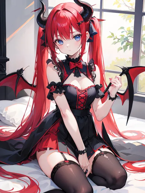 red hair,blue eyes,twintails, long hair, solo, loli, black stockings,{{best quality}}, {{masterpiece}}, {{ultra-detailed}}, {illustration}, {detailed light}, {an extremely delicate and beautiful},little girl,cute,Succubus, demon,horns