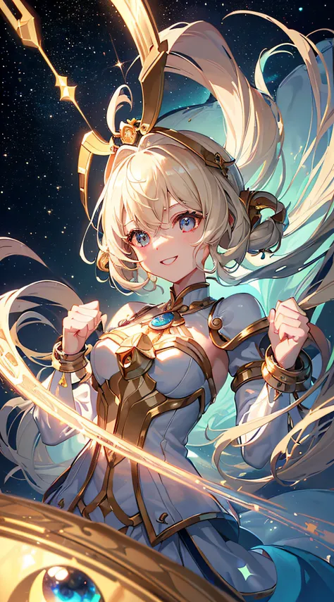 top-quality、Top image quality、​masterpiece、girl with((18year old、Cosmic Metallic Armor、Best Bust、Bust 90、a blond、Semi-long、Glowing eyes、open chest wide、Valley、Happiness、Luminous Chain Accessories、Cosmic Accessories、weightless、fists up、The best smile、Laser ...