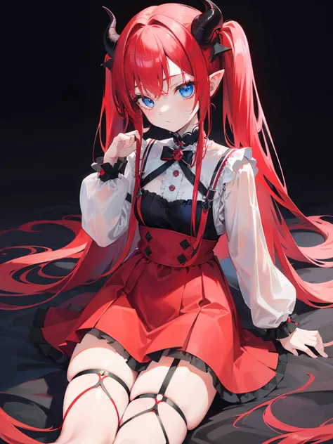 red hair,blue eyes,twintails, long hair, solo, loli, black stockings,{{best quality}}, {{masterpiece}}, {{ultra-detailed}}, {illustration}, {detailed light}, {an extremely delicate and beautiful},little girl,cute,Succubus, demon,horns