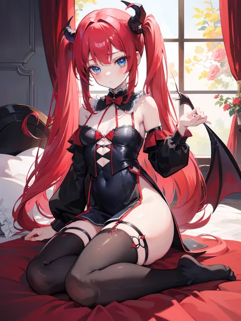 red hair,blue eyes,twintails, long hair, solo, loli, black stockings,{{best quality}}, {{masterpiece}}, {{ultra-detailed}}, {illustration}, {detailed light}, {an extremely delicate and beautiful},little girl,cute,Succubus, demon,horns