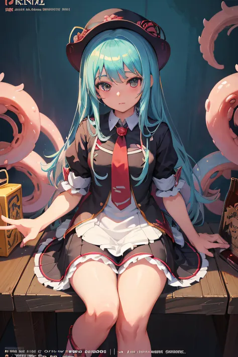 Anime girl with hat and skirt sitting at table, Fine details. Anime. tentacles, cushart krenz key art feminine, tentacles around, best anime 4k konachan wallpaper, Trending on ArtStation pixiv, from the azur lane videogame, A seductive anime girl, krenz cu...