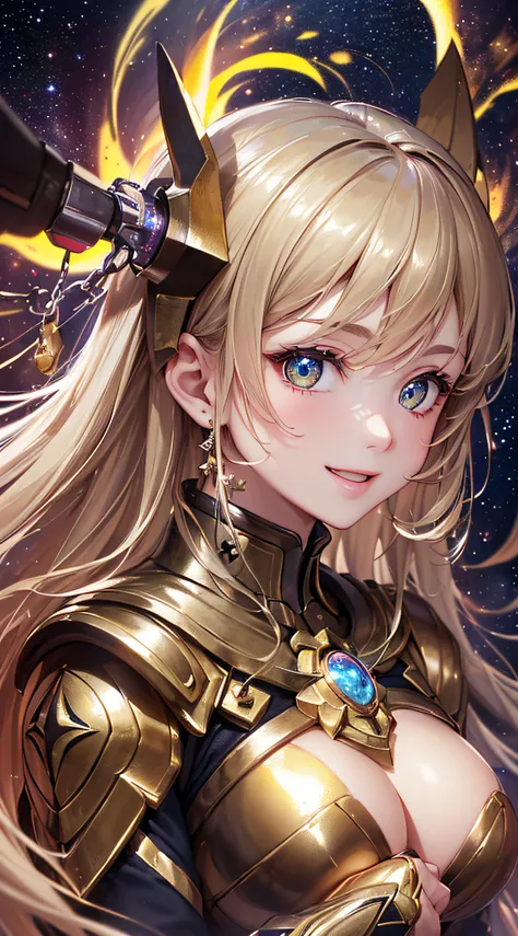 top-quality、Top image quality、​masterpiece、girl with((18year old、Cosmic Metallic Armor、Best Bust、Bust 90、a blond、Semi-long、Glowing eyes、open chest wide、Valley、Happiness、Luminous Chain Accessories、Cosmic Accessories、weightless、fists up、The best smile、Laser ...