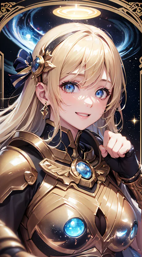 top-quality、Top image quality、​masterpiece、girl with((18year old、Cosmic Metallic Armor、Best Bust、Bust 90、a blond、Semi-long、Glowing eyes、open chest wide、Valley、Happiness、Luminous Chain Accessories、Cosmic Accessories、weightless、fists up、The best smile、Laser ...