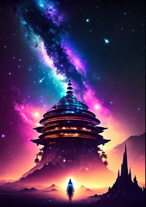 dreamlikeart, galaxy, outer space, nebula, star, [cyberpunked] Pagoda from the Stars (star:1.5),