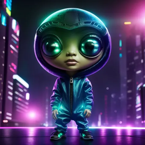 Alien wearing hip-hop clothes in futuristic city, Large eyes and oval head, pele escamosa texturizada, estilo chibi, arte de Nashi e Daniel Capua, master part, HDR, UHD, 64 mil, altamente detalhado, trending on ArtStation, Motor irreal, vivid colors, High ...