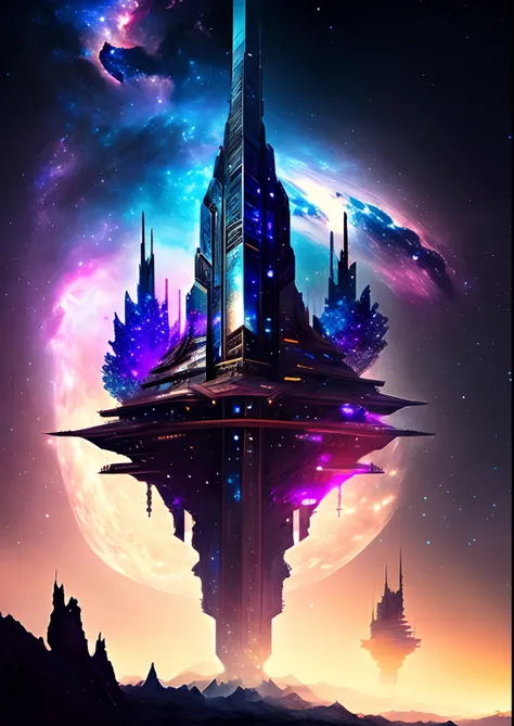 dreamlikeart, galaxy, outer space, nebula, star, [cyberpunked] Pagoda from the Stars (star:1.5),