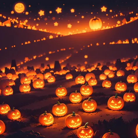 a Halloween vector background with a pumpkin patch bathed in the glow of jack-o-lanterns and a starry night sky