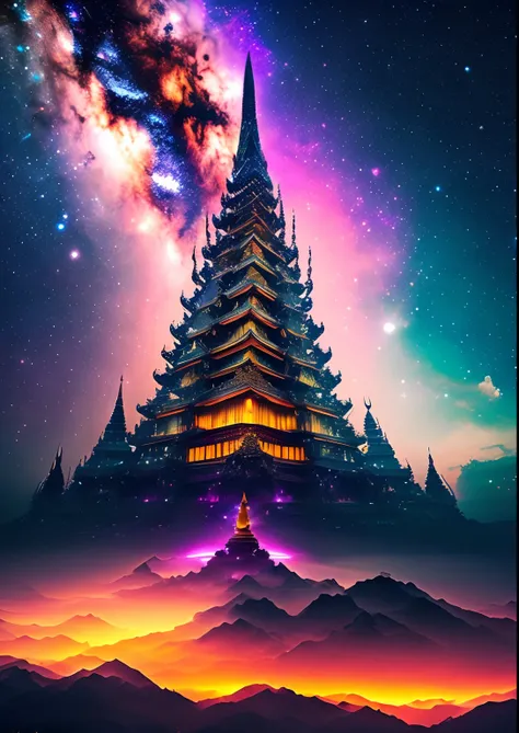 dreamlikeart, galaxy, outer space, nebula, star, [cyberpunked] Thai Pagoda from the Stars (star:1.5),