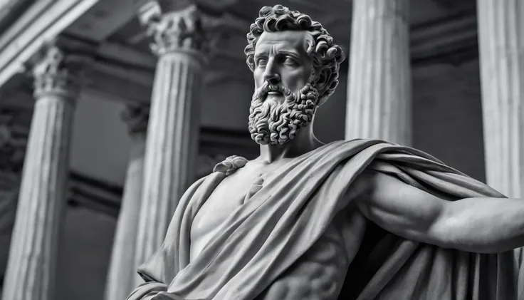 a statue of the stoic Marcus Aurelius in black and white 4K,Face de lado, papel de parede super realista, corpo forte, sem camisa, tronco forte, barriga forte