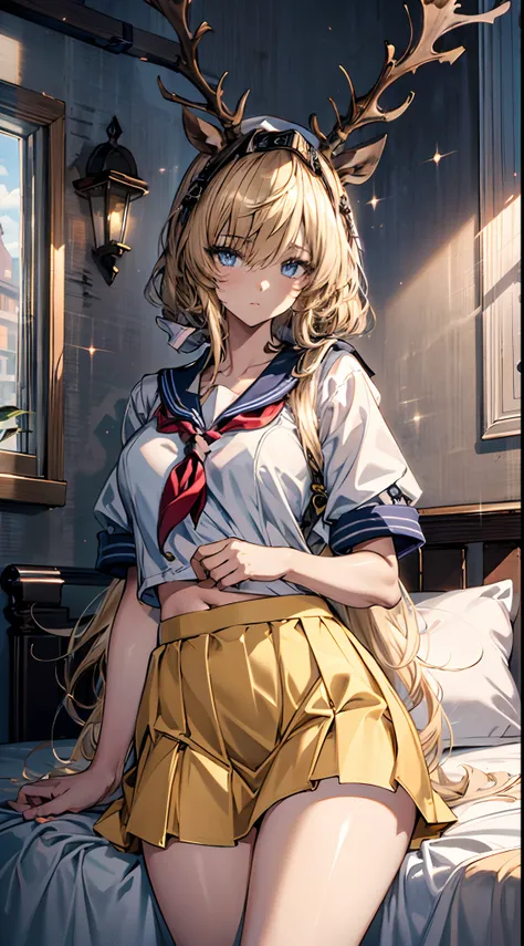 (((Masterpiece))),(incredibly_absurderes),(Best quality),(A high resolution),(Highly detailed),((CG unity 8k wallpaper)),Beautiful illustration、top-quality、Cute little girl s、Bedroom、Golden hair、long whitr hair、(((pleatedskirt)))、(((a sailor suit)))、short-...