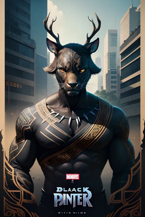 deer infects Black Panther  comics high detail, ultra realistic, 8k, ukiyo-e, conceptual art, wildlife photography, portrait photography, graffiti, vibrant, dark fantasy, architecture, anime, illustration, product, fashion, cinematic, typography, 3d render...