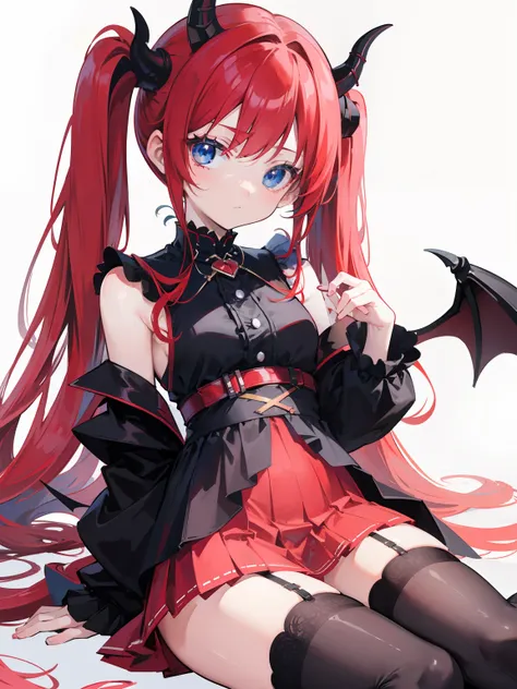 red hair,blue eyes,twintails, long hair, solo, loli, black stockings,{{best quality}}, {{masterpiece}}, {{ultra-detailed}}, {illustration}, {detailed light}, {an extremely delicate and beautiful},little girl,cute,Succubus, demon,horns