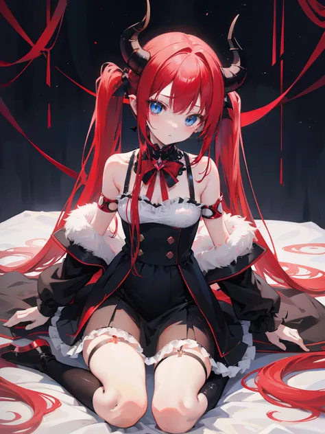 red hair,blue eyes,twintails, long hair, solo, loli, black stockings,{{best quality}}, {{masterpiece}}, {{ultra-detailed}}, {illustration}, {detailed light}, {an extremely delicate and beautiful},little girl,cute,Succubus, demon,horns