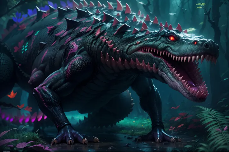 Full body Image of a extraterrestrial life, a two tails giant crocodile, each head have different color, colorful shiny scale cover its whole body, sharp long thorn run through its back, crawling inside an alien forest, strange looking purple leaf, red eye...