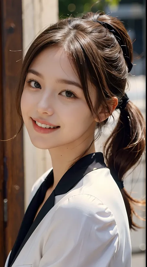 1 pretty girl，white skinned，brown  hair，looking at viewer，pony tail, happy smile, black suit, dynamic