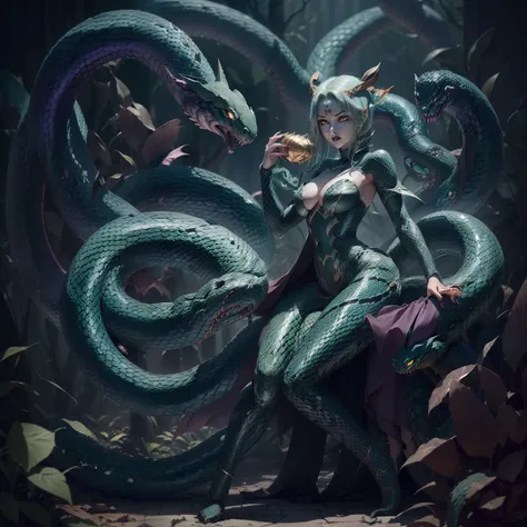 Illustration of a snake woman attacking with poisonous fangs、(femele:0.3 | serpent:1.8)、A devil that combines creepiness and beauty、Atrocious、cruel、Dweller of Darkness、the whole body is covered with scales、Highlight the strength and charm of characters wit...