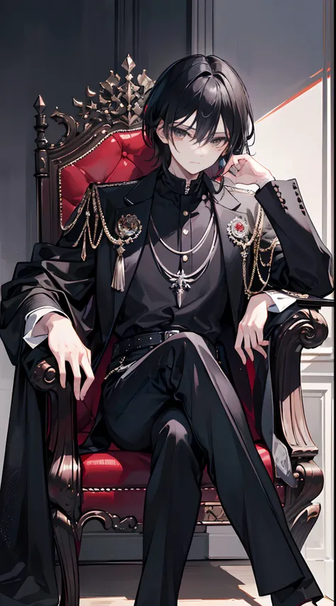 A black-haired boy wearing a silver mask sits on a royal wooden chair encrusted with rubies，Black shirt，Black trousers，Black sneakers，Silver mask