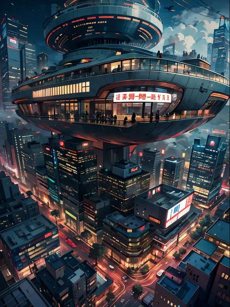 Very large flying ship、Lots of clouds,heavy fog、starrysky、Moon,Chaotic city of the future、Movie dystopia、A group of very tall skyscrapers stands in the center、Very complex cityscape,Crowded Chinese skyscrapers、street signs、streetlights、taxis、buses、Train、Pr...