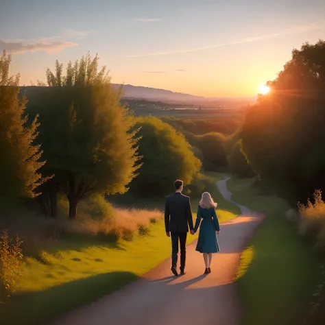 Couple at sunset，Walk side by side，Beautiful，Country paths，