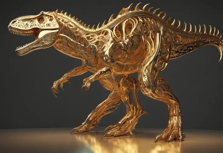 tyrannosarus rex ，t-rex，Made in gold，Movie lighting，Amazing.atmosphere,epic,3d,8k, masterpiece,best quality，simple backgrounds,  3d rendering，