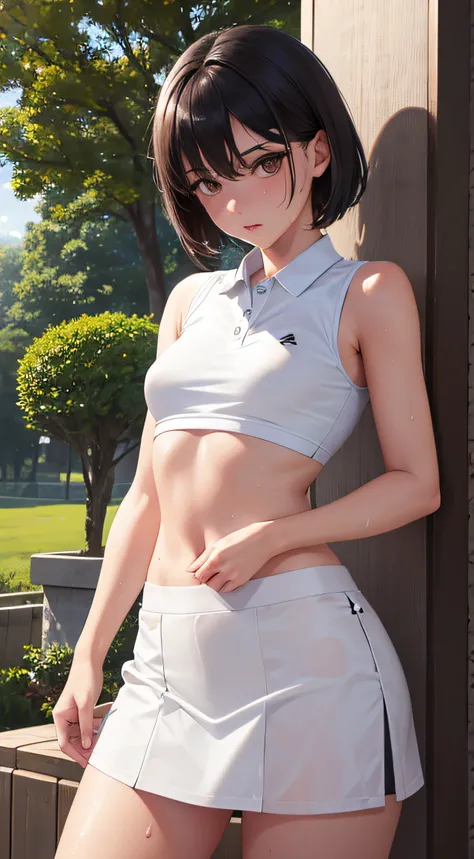 1girl, solo, white polo shirt, white sneakers, tennis wear, white miniskirt, masterpiece, best quality, realistic, hyper-detailed, (shiny skin, sweaty:1.4), absurd, looking at viewer, short black hair, brown eyes, slender, dynamic lighting, high resolution...