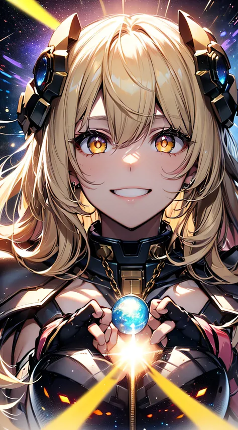 top-quality、Top image quality、​masterpiece、girl with((18year old、Cosmic Metallic Armor、Best Bust、Bust 90、a blond、Semi-long、Glowing eyes、open chest wide、Valley、Happiness、Luminous Chain Accessories、Cosmic Accessories、weightless、fists up、The best smile、Laser ...