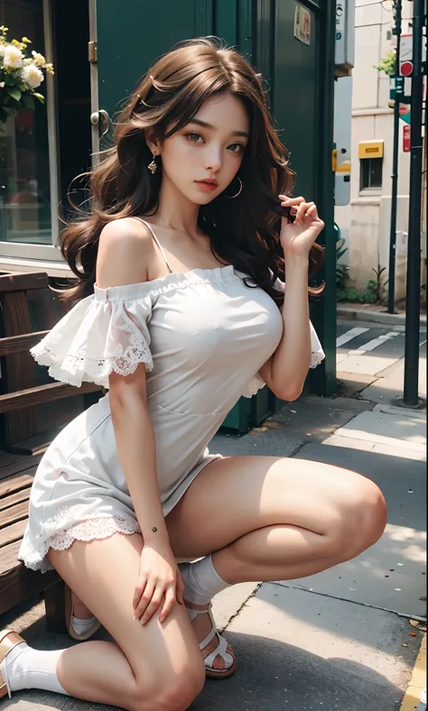 （the street：1 girl with brown hair，standing on your feet）， tmasterpiece， best qualtiy， RAW photogr， realisticlying， the face， Incredibly Ridiculous res，， ear studs， (Flowing brown extra-long curls)，eye shadows，(White off-the-shoulder over-the-knee dress)，W...