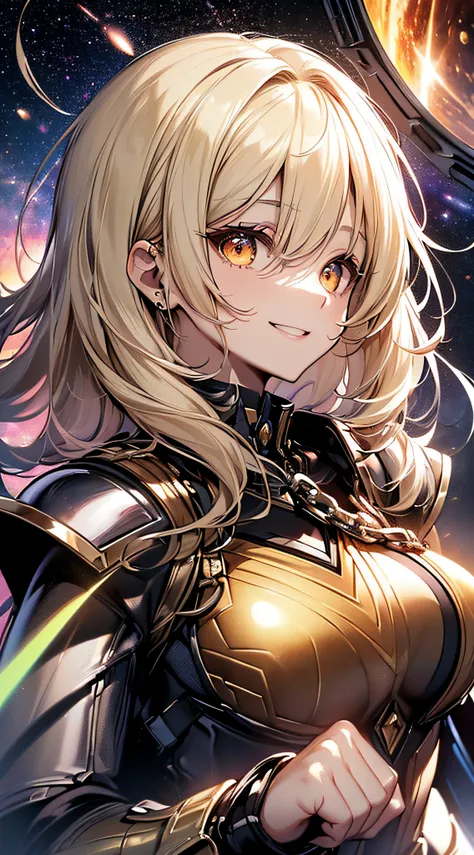 top-quality、Top image quality、​masterpiece、girl with((18year old、Cosmic Metallic Armor、Best Bust、Bust 90、a blond、Semi-long、Glowing eyes、open chest wide、Valley、Happiness、Luminous Chain Accessories、Cosmic Accessories、weightless、fists up、The best smile、Laser ...