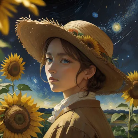 ancient painting,van gogh with straw hat,impressionistic style,vibrant colors,detailed brushstrokes,sunflowers,starlit night,post-impressionism,soft lighting,classic masterpiece,texture effects