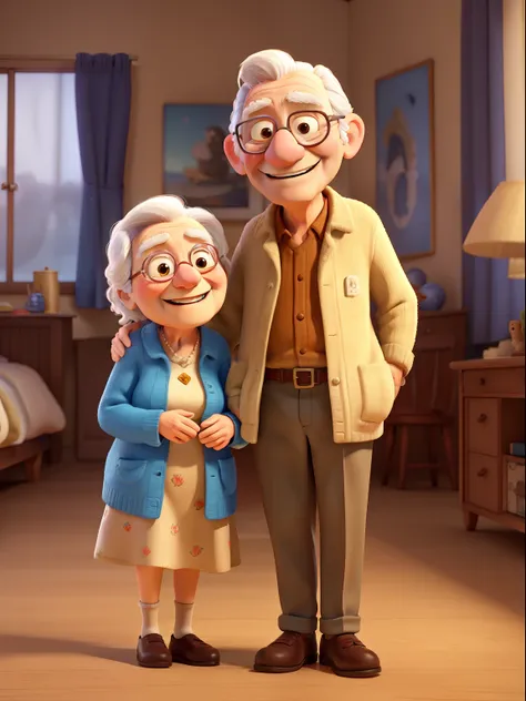 An award winning image of an adorable smiling old couple, in the style of Aardman Animations, Arthur Boyd, Picasso, 3d rendered, soft lighting