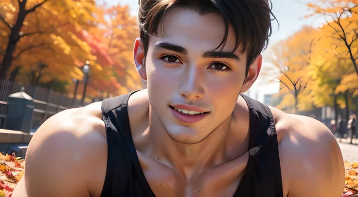 (((Men only))), ((head shot)), ((Pietro Boselli)), ((A lot of red maples with autumn leaves)), tank top, (Handsome muscle man in his 20s), (Big smile), (detaile: 1 in 1), Natural muscles, HIG quality, beautidful eyes, (Detailed face and eyes), (Face、: 1 / ...