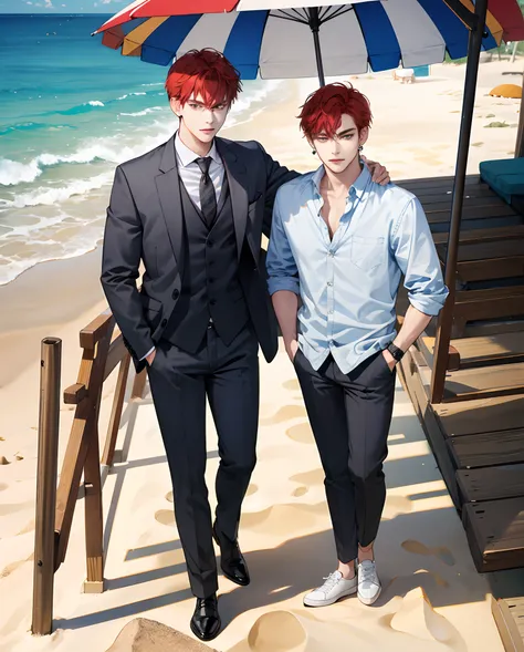 Boys，Red hair，Single eyelid，Fine eyes，Wear a suit，Hmm shoes，Big nose，4k高清，oguchi，Large earrings，Full body photo，sand beach，