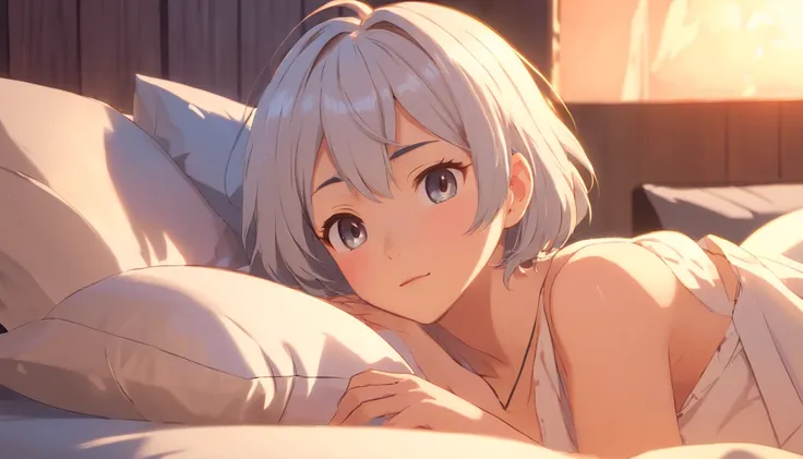 Masterpiece, Top quality, Super detail, 8K, Detailed light, Detailed shadows, primitive, (Detailed skin), (Real: 1.2),, 1 Nordic girl, face, (9 years old), White hair, Slept in a luxury bed, Nightdress