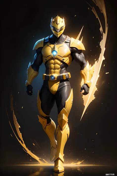 create a yellow power ranger , full body , mythic , black background ,a bit ancient theme