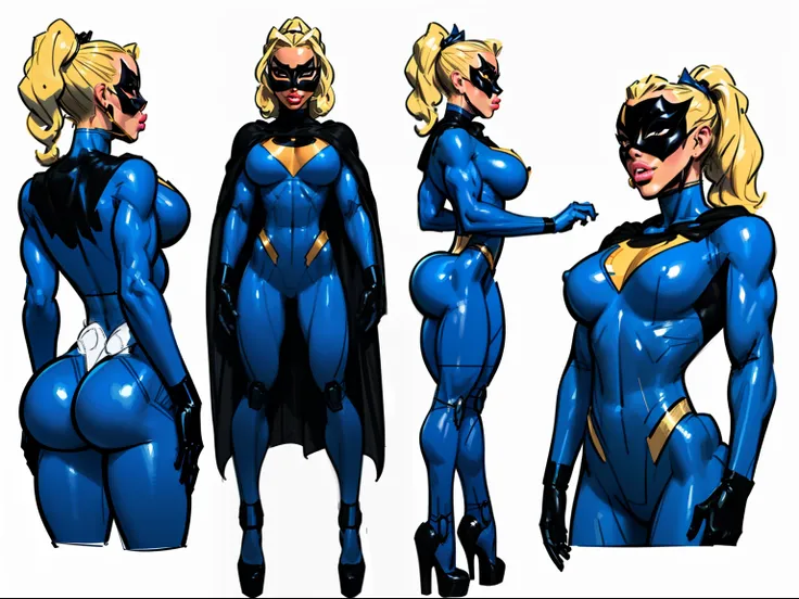 ((masterpiece)),(((best quality))),((character design sheet)), ((full body view)) illustration,1girl, muscular, ((blue bodysuit:1.6)), (masked over eyes:1.6) (black mask:1.6) superhero, (black ponytail:1.4), (puffy lips:1.6) (black cape:1.4) beautiful woma...