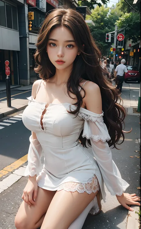 （the street：1 girl with brown hair，standing on your feet+）， tmasterpiece， best qualtiy， RAW photogr， realisticlying， the face， Incredibly Ridiculous res，， ear studs， (Flowing brown extra-long curls)，eye shadows，(White off-the-shoulder over-the-knee dress)，...