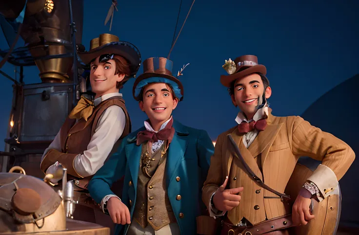 Three men in steampunk clothes, two wear top hats and one is the pilot of the balloon, posing and smiling in front of a Zeppelin-type transport balloon, Olhando para o Viewer