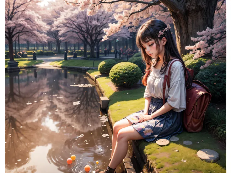 A detailed oil painting depicting a serene moment in a Tokyo park where a girl sits by a pond, blowing soap bubbles that take on the shapes of cherry blossoms, infusing the scene with a touch of whimsical magic.