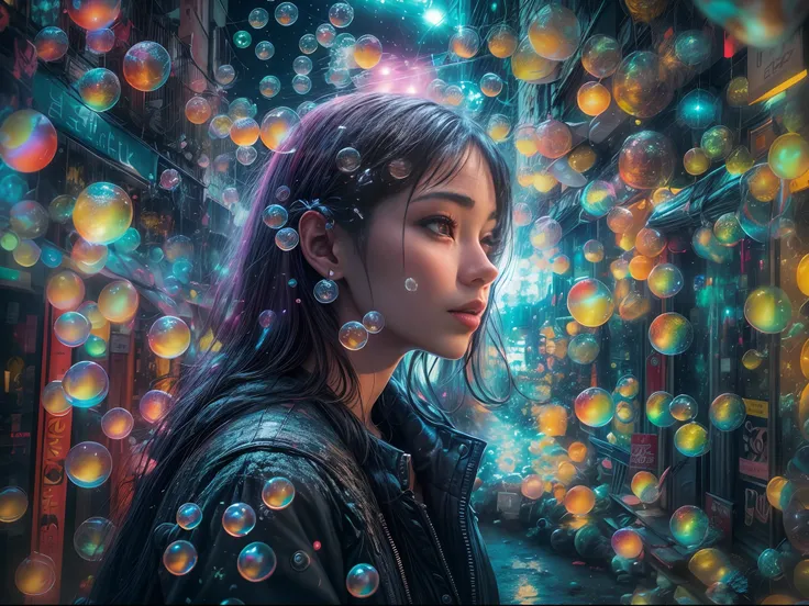 A vibrant urban photograph capturing a young woman in the heart of Tokyo, surrounded by a sea of iridescent soap bubbles reflecting the neon lights of the city, creating a surreal and dreamlike atmosphere.