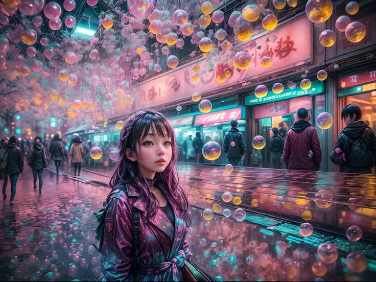 A vibrant urban photograph capturing a young woman in the heart of Tokyo, surrounded by a sea of iridescent soap bubbles reflecting the neon lights of the city, creating a surreal and dreamlike atmosphere.