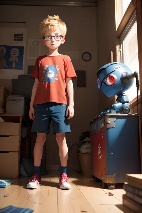 the small boy is an emerging robot, blue shorts, red shirt, half-appearing and worn-out robot and an old iron, boy meets the robot, 6 YEARS OLD blonde hair, wearing glasses, with various possessions and expression for a childrens book