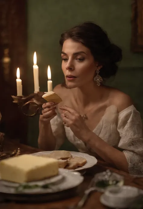 Certamente, here is the prompt:

"Create an image of a woman with a frightened expression on her face while eating butter. The scene should convey a sense of surprise and discomfort."