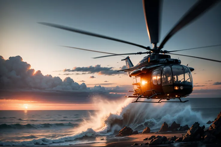 A high-definition photograph capturing the moment when a Firefly helicopter takes off from a coastal helipad, its powerful engines roaring as it rises into the sky against the backdrop of a stunning coastal vista, evoking a sense of adventure and explorati...