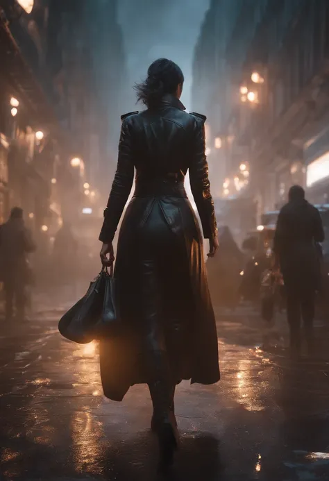 uma mulher bonita andando por uma cidade futurista, estilo cyberpunk, smoke around, various fumes, portal, cores muito brilhantes, light particles, com luz brilhante, obras de arte intrincadas. octan render, Greg Rutkowski. octan render, amazing octane ren...