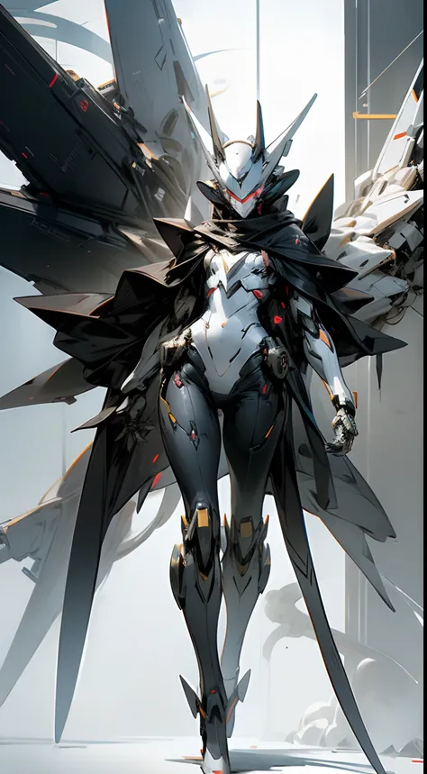 full body shot, hyper realistic, white celestial catwoman mecha bot, wearing minimalist angular mecha gundam mask, wearing cybernetic techwear cloak, with gigantic mechanical Additional Booster wings, sleek design, dark fantasy, futuristic environment, her...