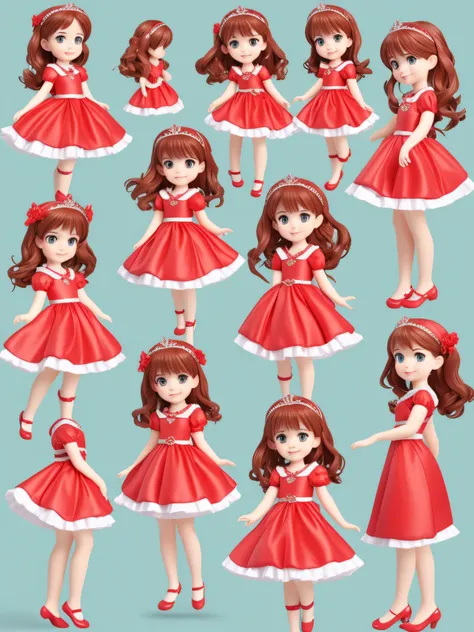 A Princess　Red dress　brown haired　full body Esbian　character sheets　appearance々Facial expressions　Smiling face　Scared face　Happy face　Consistent character 　without background　picture book-style