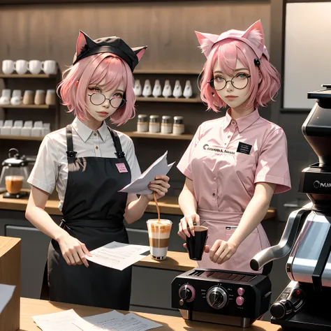 Pink short hair, pink cat ears, pink eyes, pink wizard hat, circular glasses, holding paper mail, wearing a black barista uniform with “Hybrid Cafe”