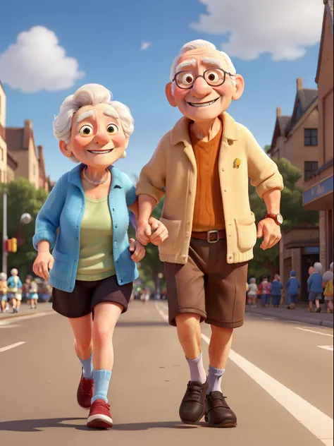 An award winning image of an adorable smiling old couple, running a street marathon, in the style of Aardman Animations, Arthur Boyd, Picasso, 3d rendered, soft lighting